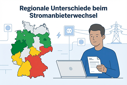 Deutschlandkarte mit farblich markierten Unterschieden beim Stromanbieterwechsel und Person, die Stromtarife am Laptop vergleicht