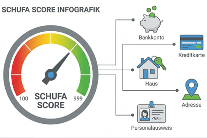 Infografik zeigt Schufa-Score-Tacho und Symbole für Verträge, Kredite und Adresse als Einflussfaktoren