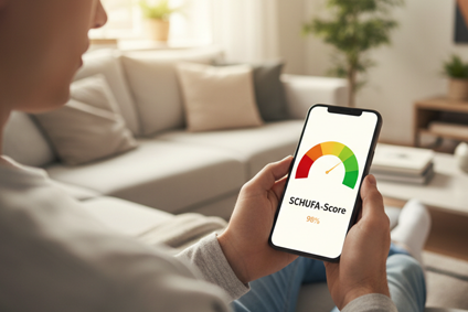 Privatperson prüft zu Hause auf dem Smartphone ihren Schufa-Score in einer Bonitätsanzeige