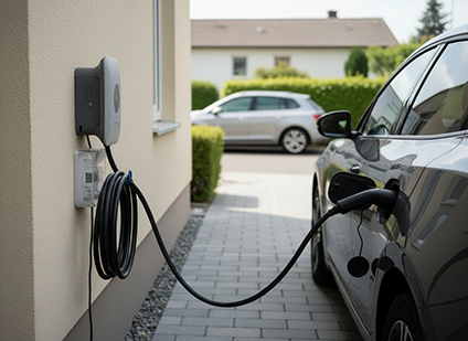 Elektroauto lädt an heimischer Wallbox im Vergleich zu Benziner an Zapfsäule
