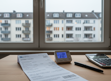Thermostat und Gasrechnung vor Wohnhäusern als Symbol für steigende Gaspreise in den Bundesländern.