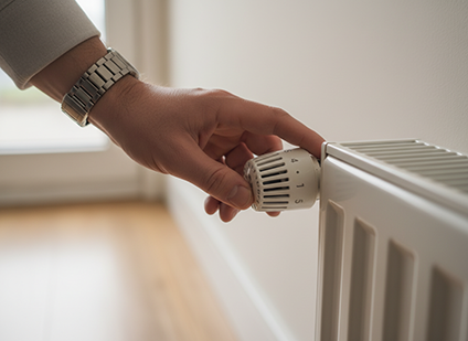 Person senkt Heizkörper im Wohnzimmer, um wegen gestiegener Energiepreise durch Iran-Konflikt Energie zu sparen.